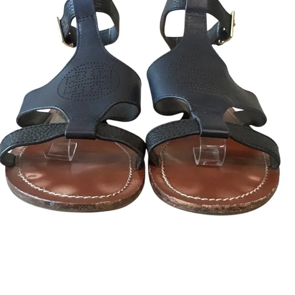 Tory Burch Perforated Logo T-Strap Sandals Navy Black 8